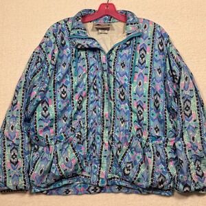 Aviat Sportif Vintage 90s Windbreaker Jacket Blue Tribal Geometric Womens Medium